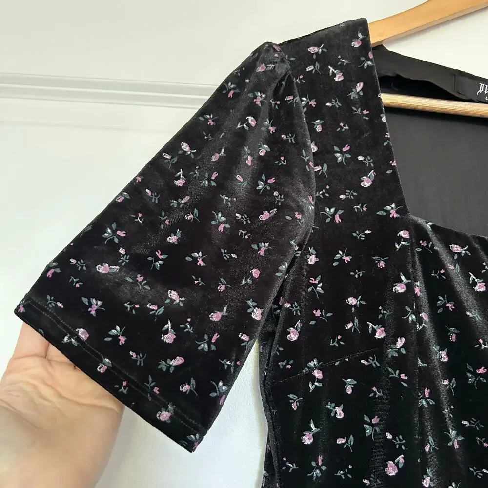 NWT Disturbia Woe Floral Midi Dress Velvet Womens 4 Black Square Neck Whimsigoth - Picture 7 of 12